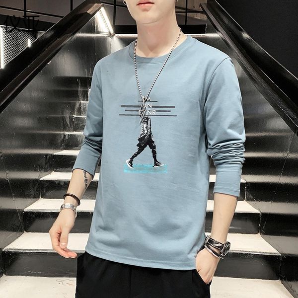 

long sleeve men's fashion autumn cotton with backing t-shirt round neck boys' clothes, White;black