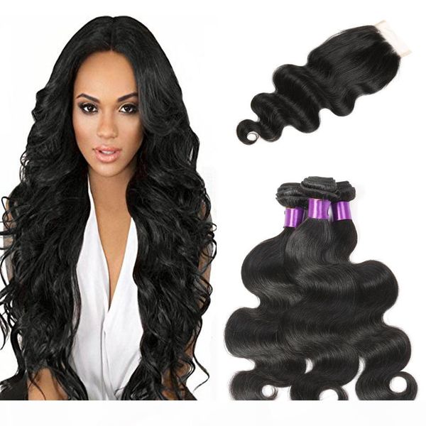 

brazilian hair 3 bundles with 4*4 closure soft human hair body wave with closure 100% unprocessed human hair for black women, Black;brown