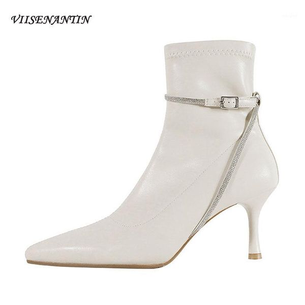 

boots fashion mature temperament high heel white short stretch pointed toe stiletto belt buckle crystal chain feminine shoes1, Black
