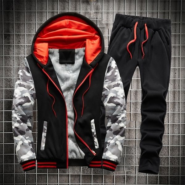 Homens Tracksuit Roupas de Inverno 2 Pcs Set Hoodies e Calças Definir homem pele alinhada ginásio quente roupa jogging terno homens sweatsuit inverno 201201