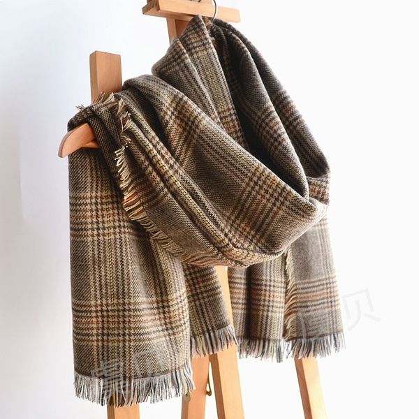 

faux cashmere scarf women shawl brown classic plaid blanket tassel cape warm winter pashmina bandana fashion scarves ladies girl y201024, Blue;gray