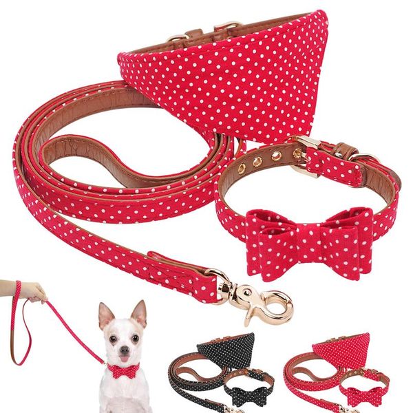 

dog cat bandana collar dog walking leash cute polka dot bowknot leather dog collars leash set for small medium dogs pet bbycry