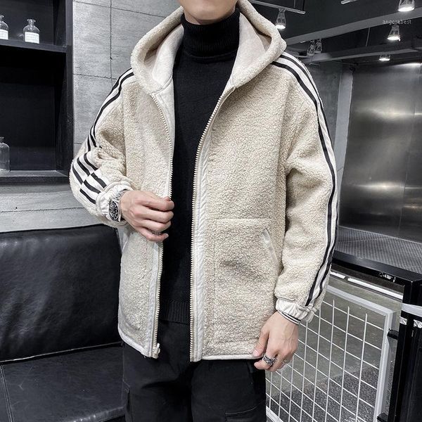 

two-sided fur men's jacket short big pocket winter loose thicken hooded coats stripes warm simple fashion casual men's clothes1, Black