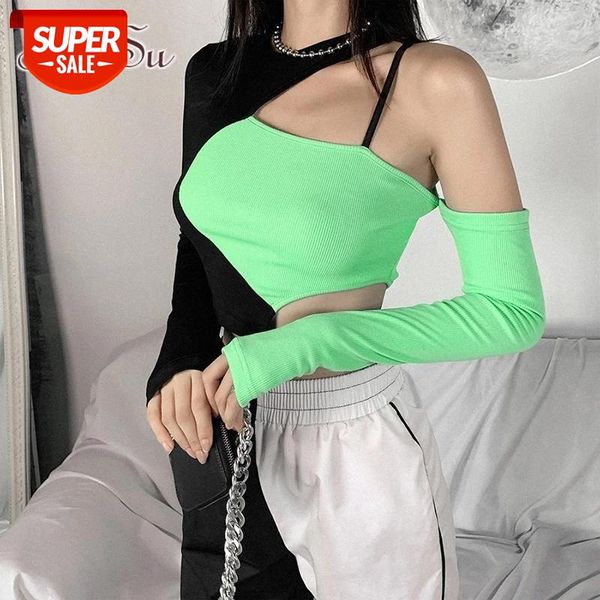 

artsu punk style open shoulder hollow out patchwork t-shirts y2k fashion o-neck long sleeve crop green harajuku ts52399 #l84a, White