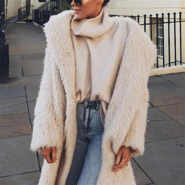 

elegant faux fur coat female 2020 autumn winter women warm soft zipper long coat plush overcoat ladies solid casual outerwear1, Black