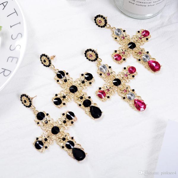 

new arrival vintage black rose red crystal cross drop earrings for women baroque bohemian large long earrings jewelry brincos, Silver