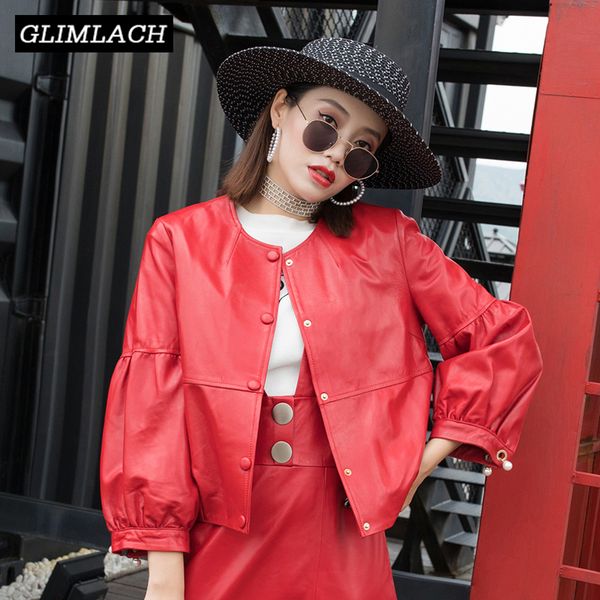 

new autumn winter loose sheepskin genuine leather jacket women red black casual beading short real leather coat ladies 201030