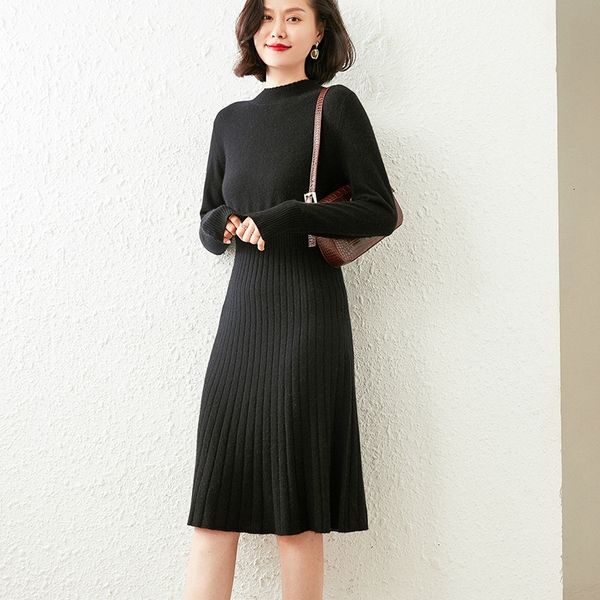 

2021 ladies in 100% pure cashmere knitting goat dressed new senior fashion 6 oneck female dress kcel, Black;gray