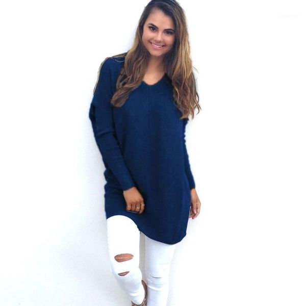 

wholesale- 2017 women casual thin loose sweater long sleeve v neck long sweater knitwear pullover jumper solid pull femme plus size1, White;black