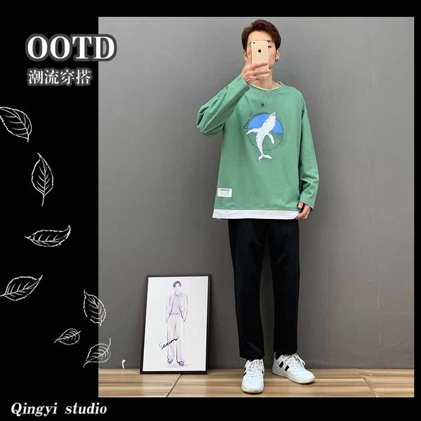 

suit fake two long sleeve t-shirt men's loose bf lazy style round neck autumn students ins bottoming shirt