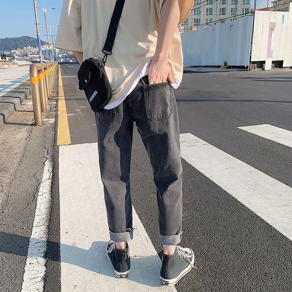 

hole jeans men's straight tube loose bf multi broken four seasons tooling ins fashionable wide leg show thin versatile student 9 points, Blue
