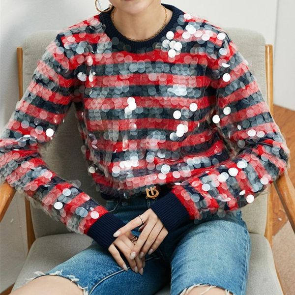 

women sweater sequined long sleeve striped o-neck knit pullover, White;black