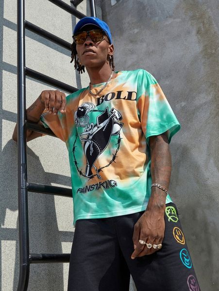 

men random tie dye letter & skeleton print drop shoulder tee i6ku#, White;black
