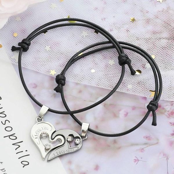 

2PCs Heart-Shaped Stitching Bracelet Handmade Lucky Love Black Rope Chain Couple Bracelets Set Lovers Jewelry Girlfriend Gifts, Golden;silver