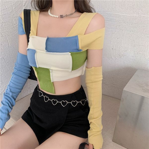 

2020 early autumn new korean style beggar style irregular stitching checkerboard long sleeve t-shirtwith t-shirt t-shirt sleeves 2taxx 2taxx, White