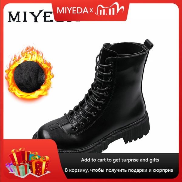

boots winter women round toe plush side zipper chunky low heel lace-up pu black brown all-math female