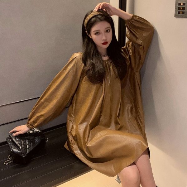 

new french style long sleeve leather dress in autumn and winter 2020