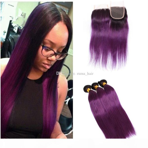 

purple ombre straight hair 3bundles with 4*4 lace closure purple ombre hair weaves with lace closure 4pcs lot malaysian virgin human hair, Black;brown
