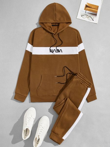 

men two tone letter graphic drawstring hoodie & sweatpants d3xi#, Gray