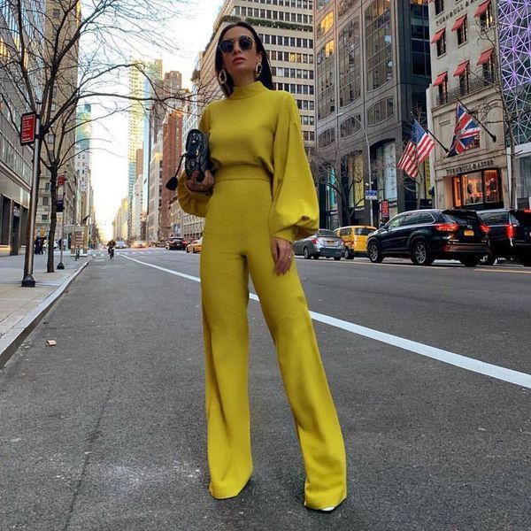 

new 2019 women autumn elegant fashion slim fit solid skinny casual overalls office look work lantern sleeve mock neck jumpsuits1, Black;white