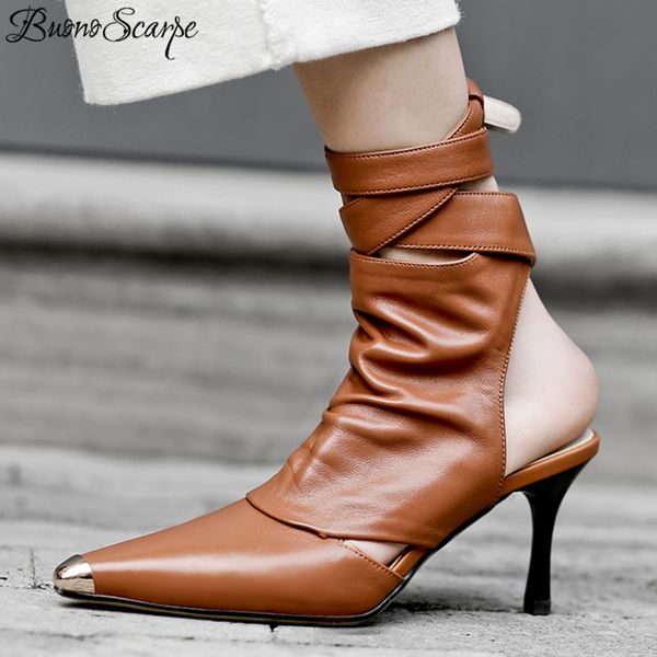 

metal toe genuine leather party boots motorcycle summer night club pumps shoes leather laces women kitten heels shoes 2019, Black