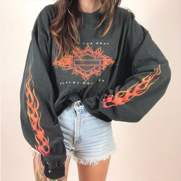 

winter autumn womens sweatshirt harajuku fire printing long sleeve loose round neck sweatshirt female casual pullovers moletom, Black