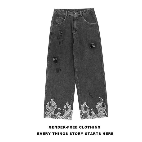 

men's jeans 2021 men hip hop fashion hole flame leg pants hip-hop printing wash loose casual high street, Blue