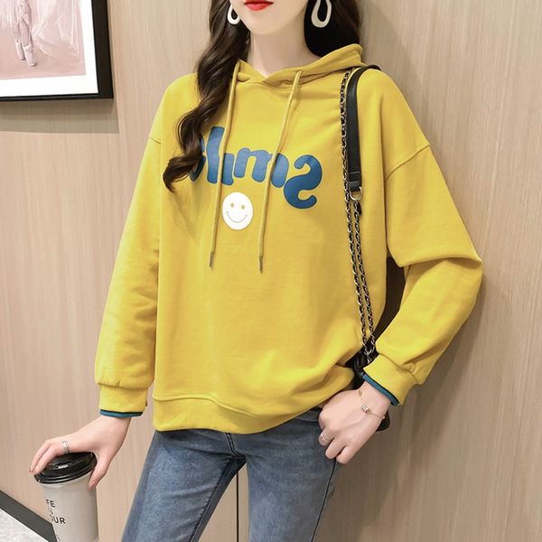 

женские свитера 2020 осень женской одежды новой забавы корейски печататься top sweatercoat sweaterloose с капюшоном с длинным рукавом пальто, Black