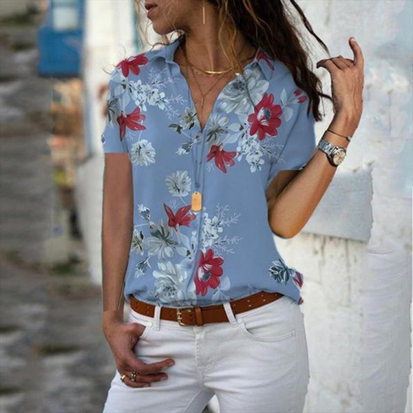 

new office work blouse shirt women v neck short sleeve elegant shirts pullover fashion floral print plus size 5xl blusas, White