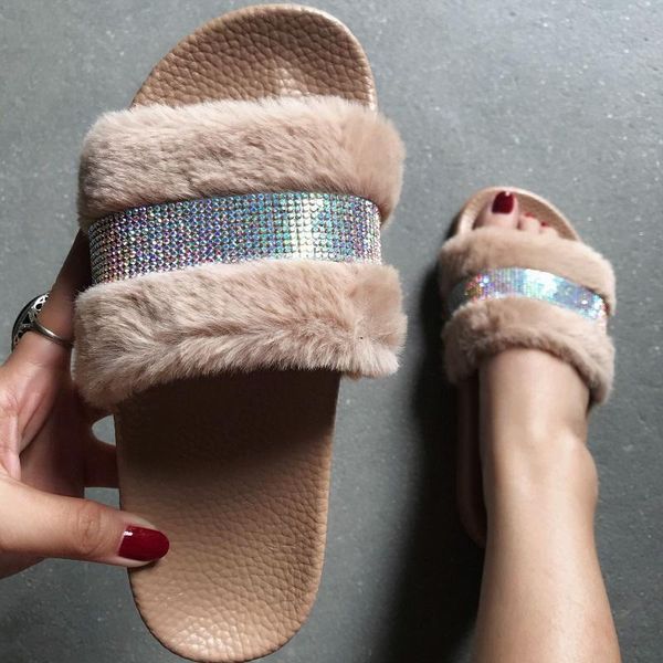 

aishede slippers summer women beach flat sandals crystal platform ladies shoes furry open toe outdoor female slides flip flops, Black