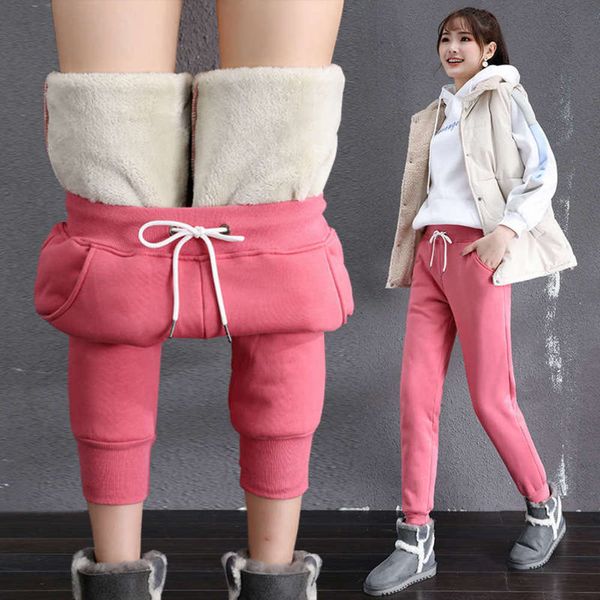 

style winter new autumn sports and cashmere thickened small foot lamb hair women's casual pants, Black;gray