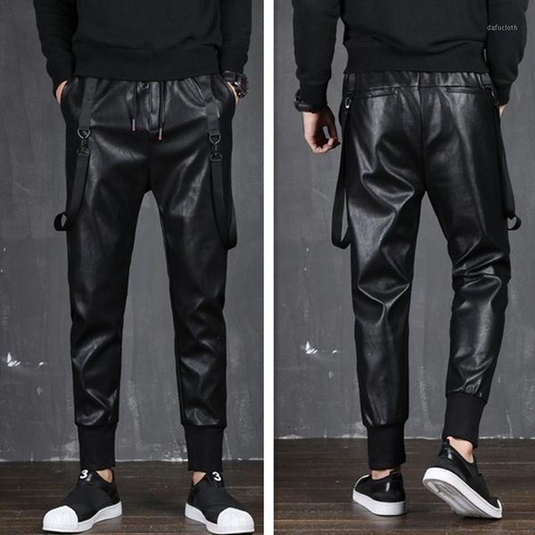 

new 2019 men's clothing hair stylist fashion hip hop motorcycle locomotive leather harem pants plus size costumes1, Black