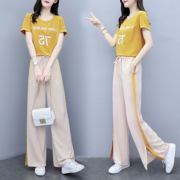 

6z2b3 2020 summer new women's fashion 2-piece wide leg pantswide leg pants casual t-shirt skinny casual pants sports loose set for wome, Gray