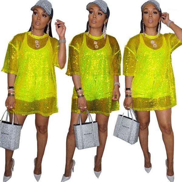 

mesh sheer sequin t shirt dress women o-neck short sleeve loose casual summer dresses beach wear night party mini club dress1, Black;gray