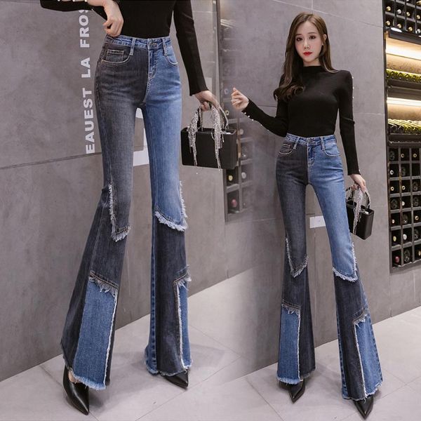 

women xs-2xl fashion contrast stitching jeans high waist cool edge stretch flared pants long pants, Blue