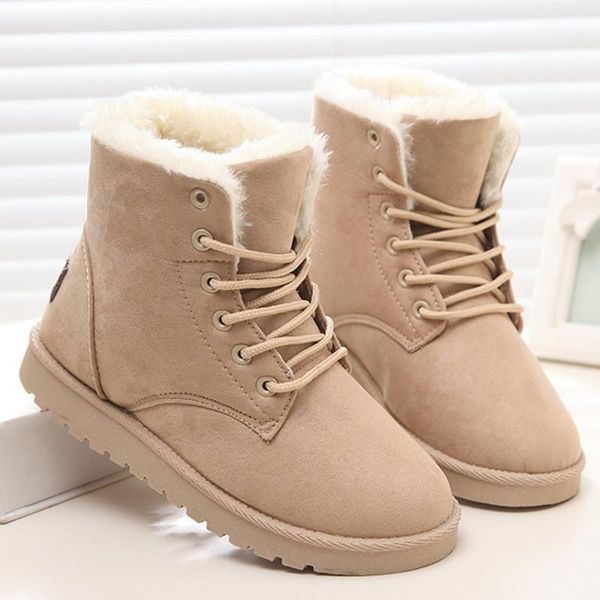 

boots snow women flat lace up winter plus size platform ladies warm shoes 2021 flock fur women's suede ankle female, Black