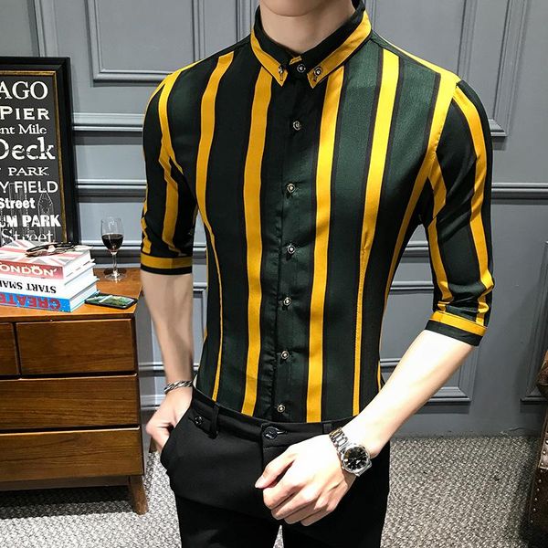 

men's casual shirts yasuguoji 2021 summer fashion slim fit shirt men roll up sleeve black and yellow contrast color striped, White;black