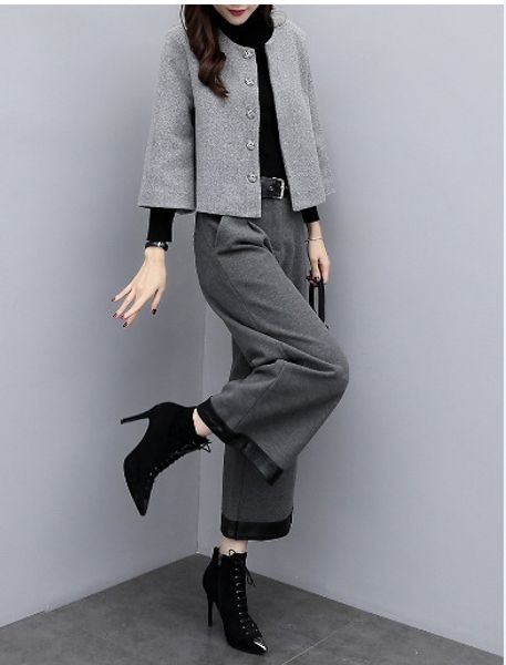 

elegant socialite 2020 new autumn and winter two-piece suit pants woolen long trousers casual trouserscasual trouserssleeve coat online popu, Gray