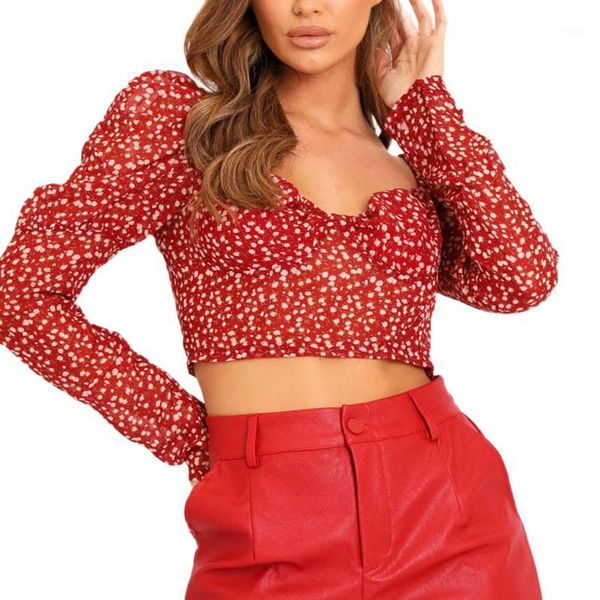 

arrival women polka dots deep v crop lady girls puff sleeve slim fit shirt casual blouse cropped, White