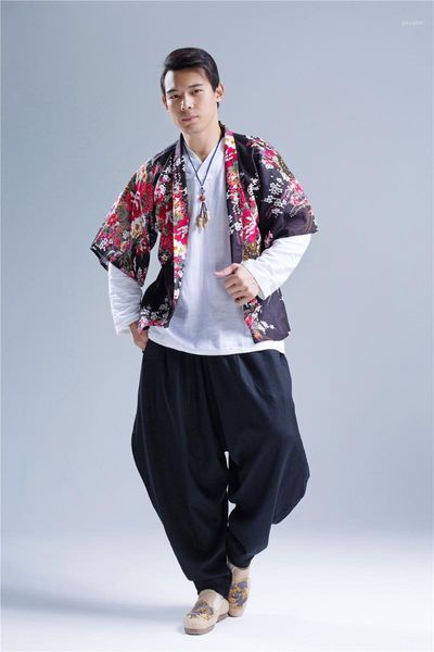 

wholesale- mens 2016 new jacket printing casual men loose coat street fashion japan style hiphop kimono jacket coat linen overcoat q3831, Black;brown