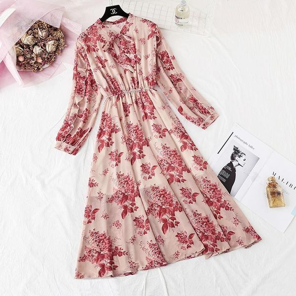 

2019 new spring autumn fashion casual dress women's ruffle sleeve high waist chiffon floral print elegant dress yy1311, Black;gray