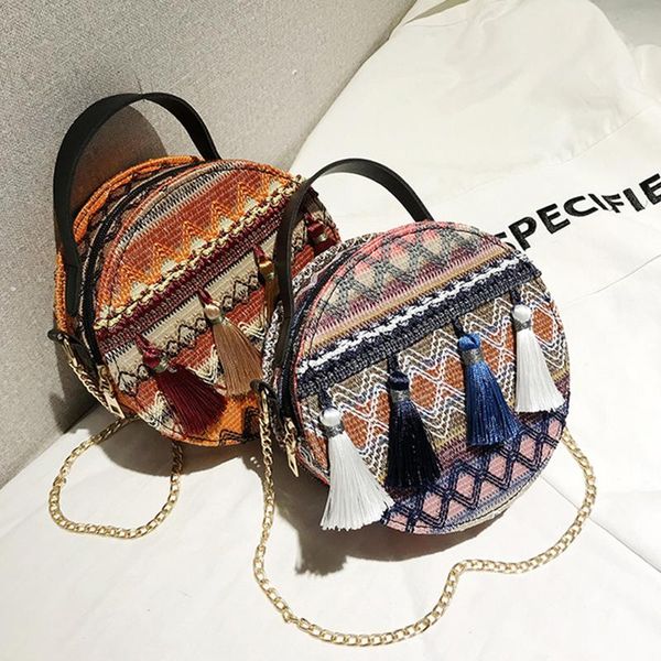 

1pc boho rattan weave shoulder bag round messenger tassels women cross body bag