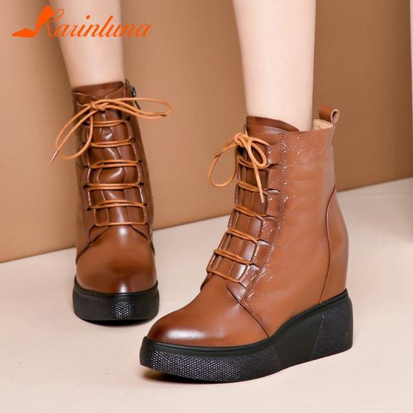 

2021 new brand fashion shoes women real leather wedges heels cross-tied height increasing ankel boots solid zip up, Black
