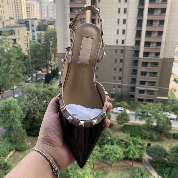 

fee style casual designer black patent leather point toe studded spikes rivets flats slingback shoes brand bride