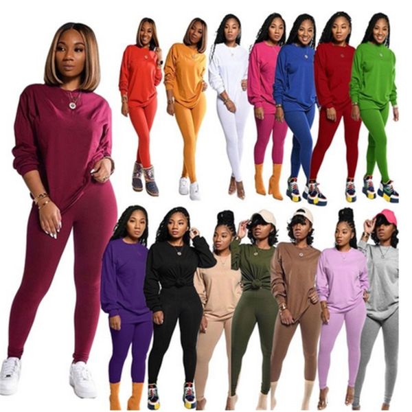 

9631#2020 women's autumn winter solid long sleeve pants sports set, White