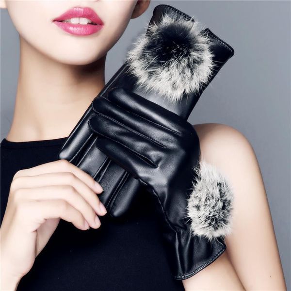 

five fingers gloves 1 pair autumn winter women pu leather thickened touch screen warm full windproof driving waterproof mittens, Blue;gray