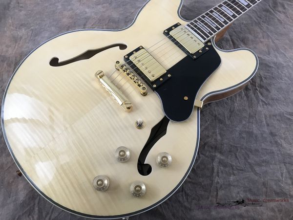 

china electric guitar oem shop hollow jazz guitar flame maple wood., original wood color. can be color