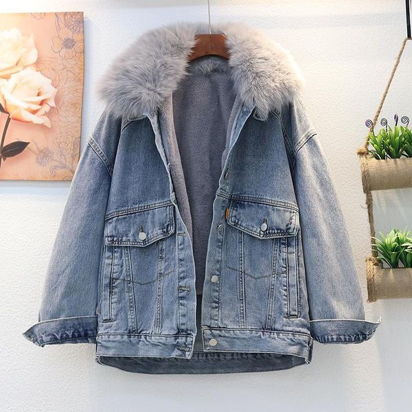 

2020 winter new style korean version of lamb hair plus velvet thickening real fur collar denim cotton coat women loose short1, Black