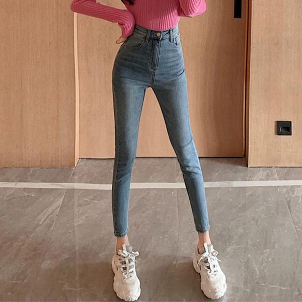 

new spring high waist skinny jeans woman blue black solid elastic denim pencil pants female korean chic fashion woman clothing