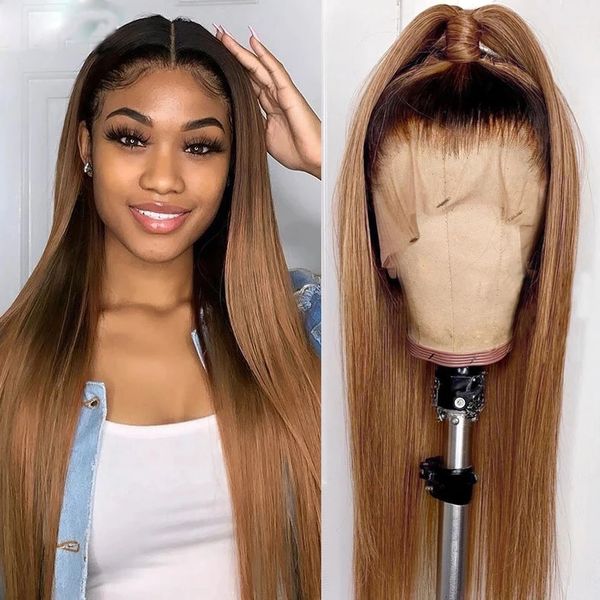 

ombre blonde brown straight transparent hd lace 360 frontal wigs human hair preplucked with baby hair bleach knots clouse wig, Black